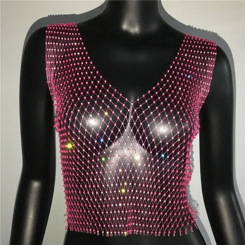 FestivalQueen Sexy Diamonds Mesh Cropped Tank Top Women Summer Cover Up Bikini See Through Rhinestone Net Party Club Crop Top