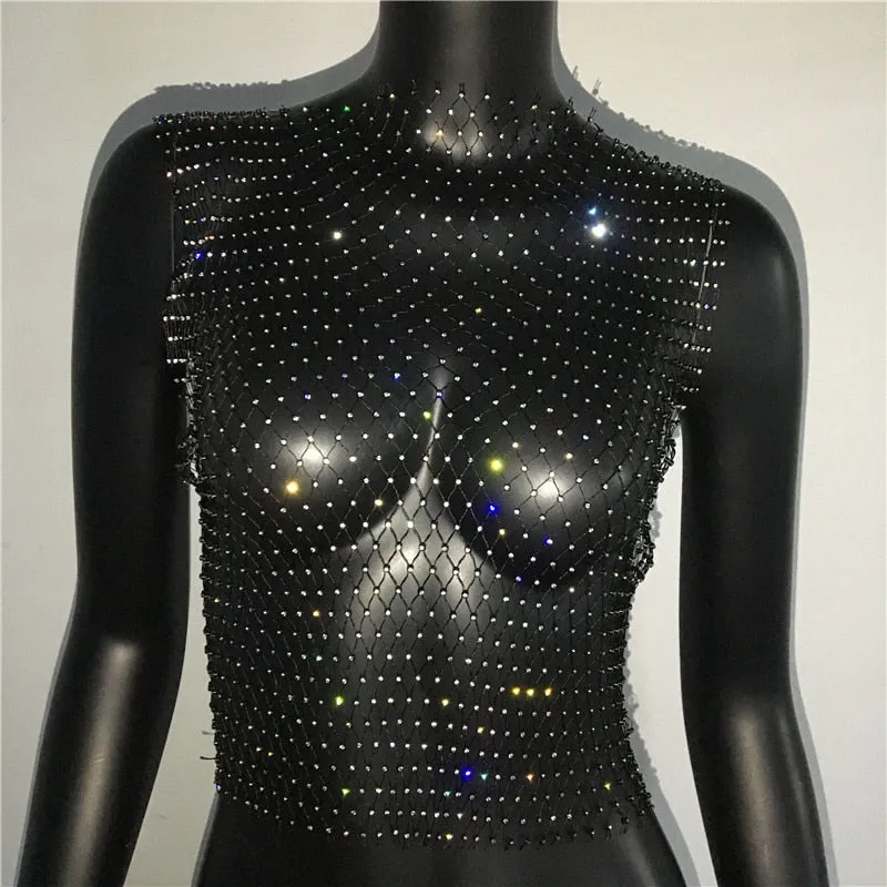 FestivalQueen Sexy Diamonds Mesh Cropped Tank Top Women Summer Cover Up Bikini See Through Rhinestone Net Party Club Crop Top