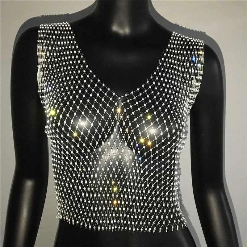 FestivalQueen Sexy Diamonds Mesh Cropped Tank Top Women Summer Cover Up Bikini See Through Rhinestone Net Party Club Crop Top