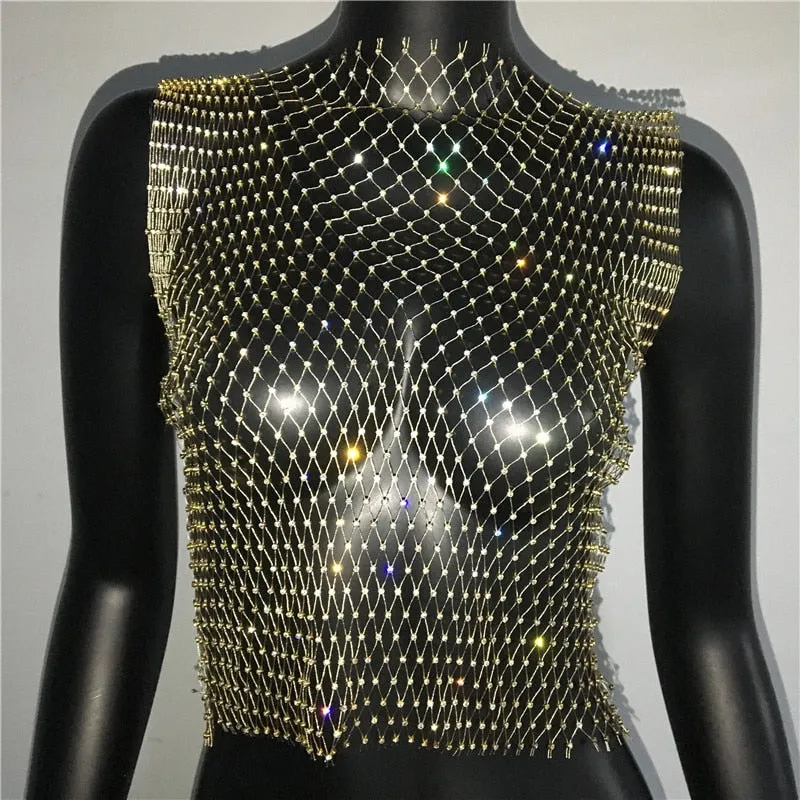 FestivalQueen Sexy Diamonds Mesh Cropped Tank Top Women Summer Cover Up Bikini See Through Rhinestone Net Party Club Crop Top