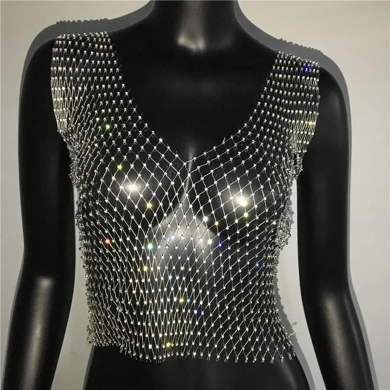 FestivalQueen Sexy Diamonds Mesh Cropped Tank Top Women Summer Cover Up Bikini See Through Rhinestone Net Party Club Crop Top