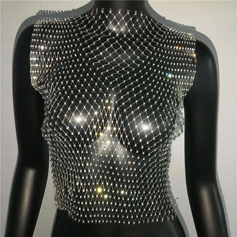 FestivalQueen Sexy Diamonds Mesh Cropped Tank Top Women Summer Cover Up Bikini See Through Rhinestone Net Party Club Crop Top