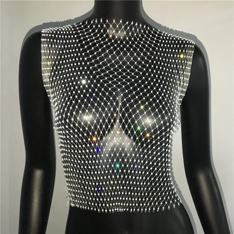 FestivalQueen Sexy Diamonds Mesh Cropped Tank Top Women Summer Cover Up Bikini See Through Rhinestone Net Party Club Crop Top
