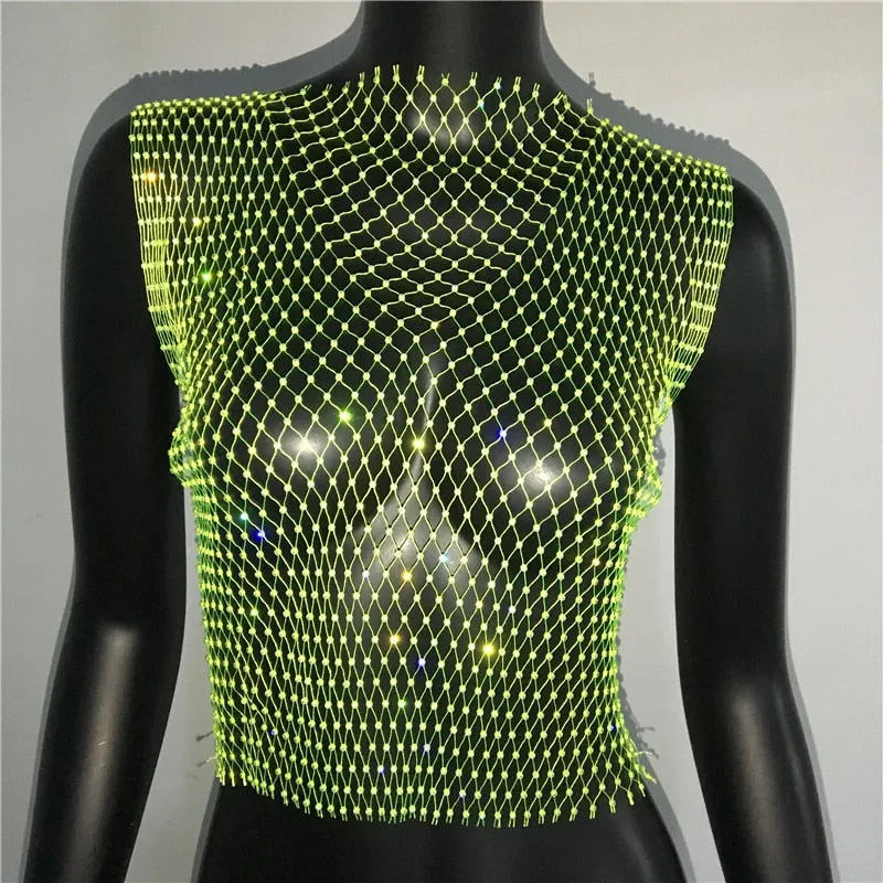 FestivalQueen Sexy Diamonds Mesh Cropped Tank Top Women Summer Cover Up Bikini See Through Rhinestone Net Party Club Crop Top