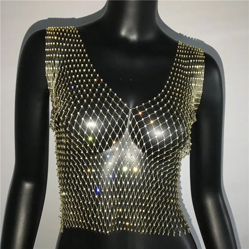 FestivalQueen Sexy Diamonds Mesh Cropped Tank Top Women Summer Cover Up Bikini See Through Rhinestone Net Party Club Crop Top