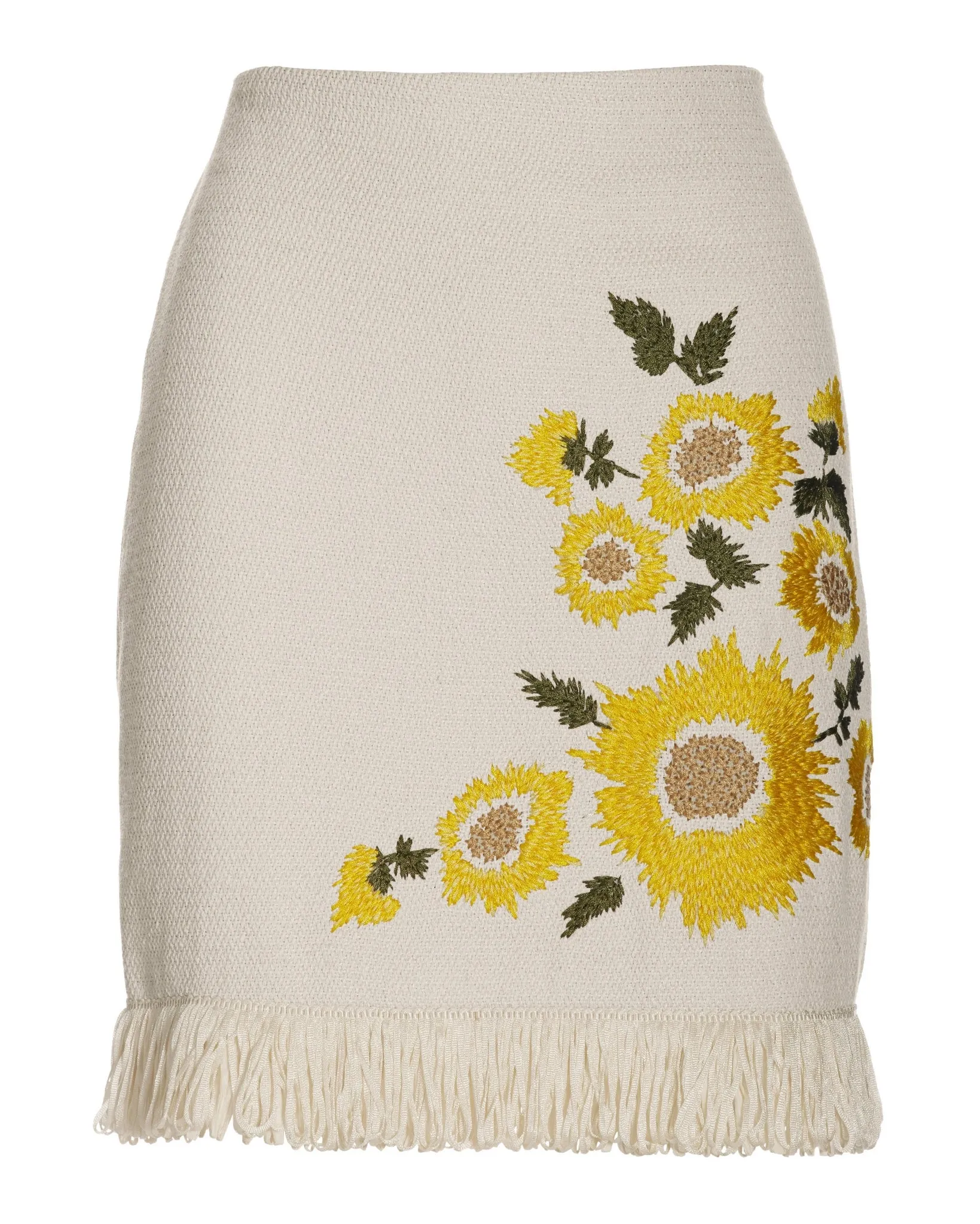 Floral Embroidered Raffia Fringe Mini Skirt Natural Multi