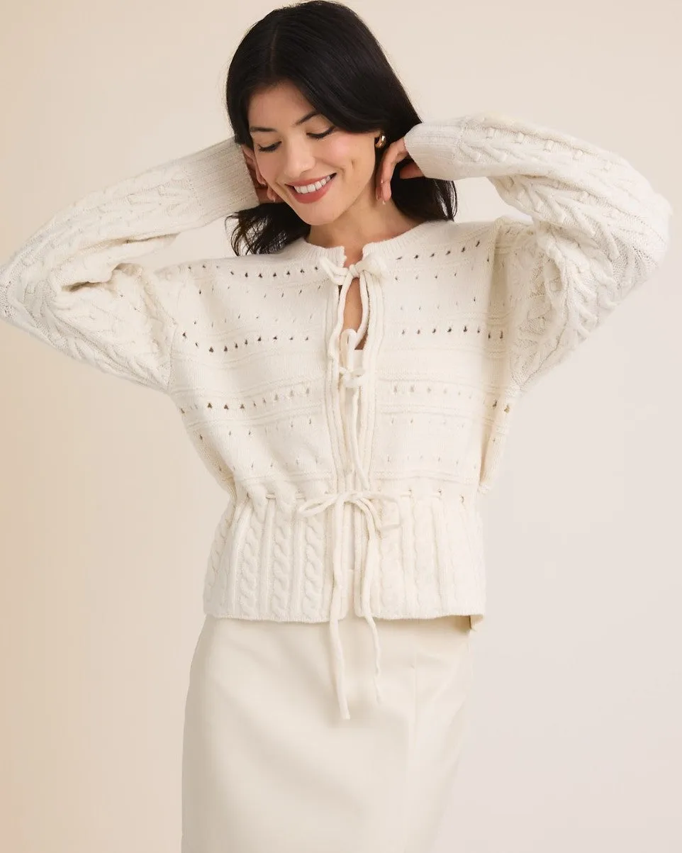 Front Ties Open Knit Sweater - White