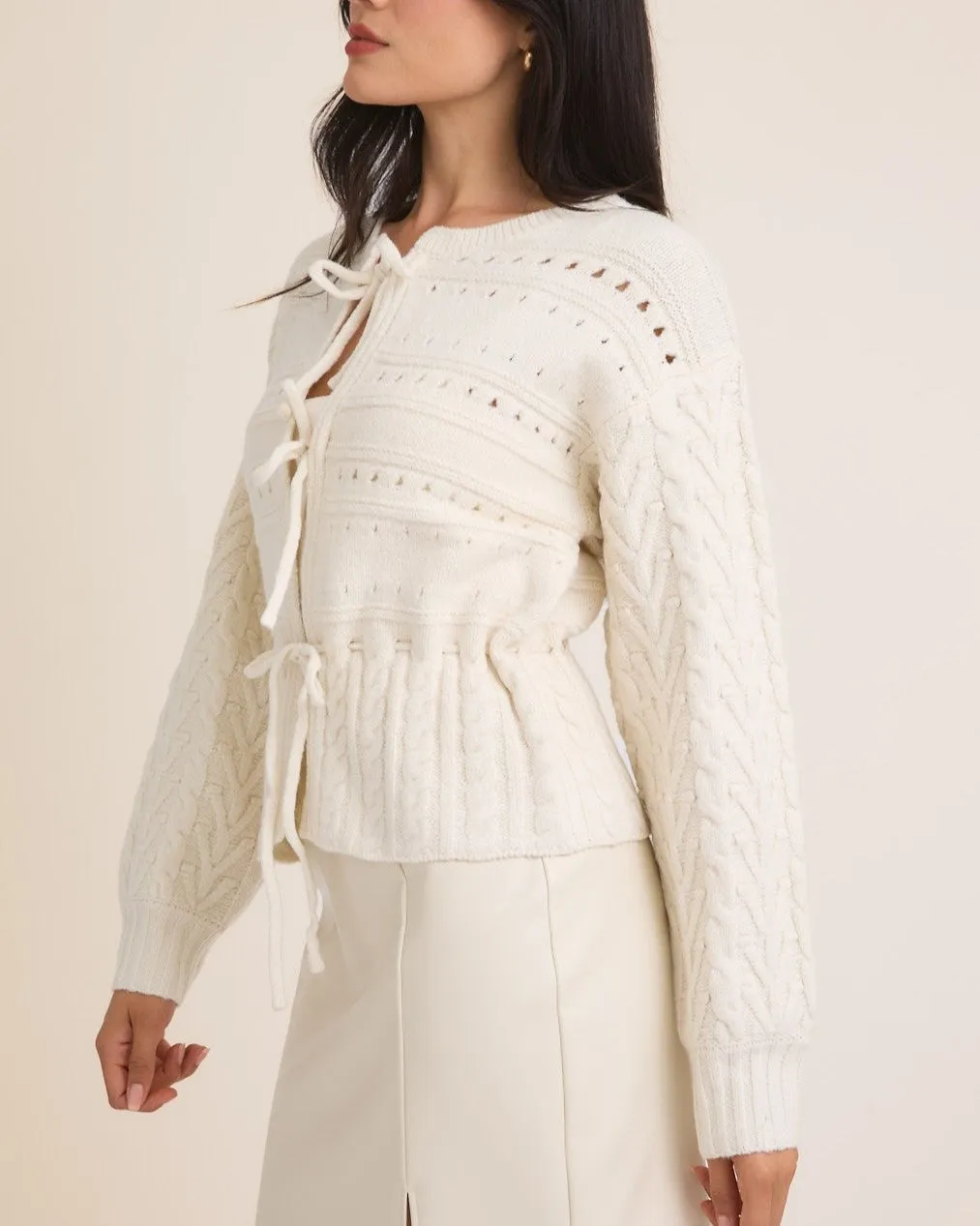 Front Ties Open Knit Sweater - White