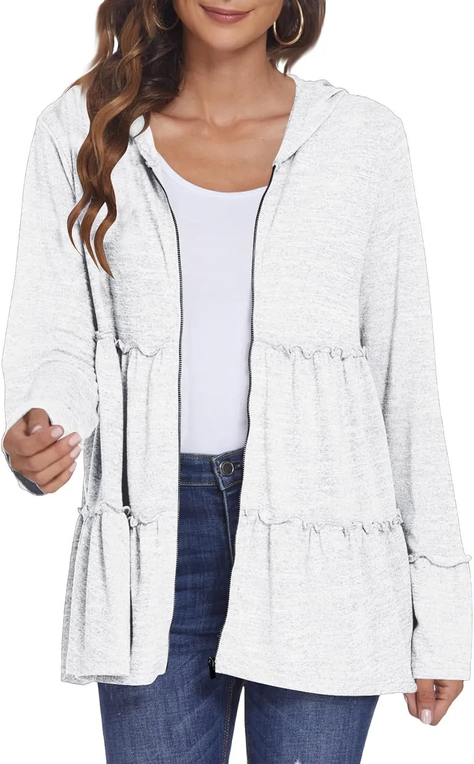 Full Zip Up Hoodie for Women Pleated Flowy Tiered Ruffle Hooded Shirt Lightweight Jacket Long Sleeve Babydoll Top Blouse
