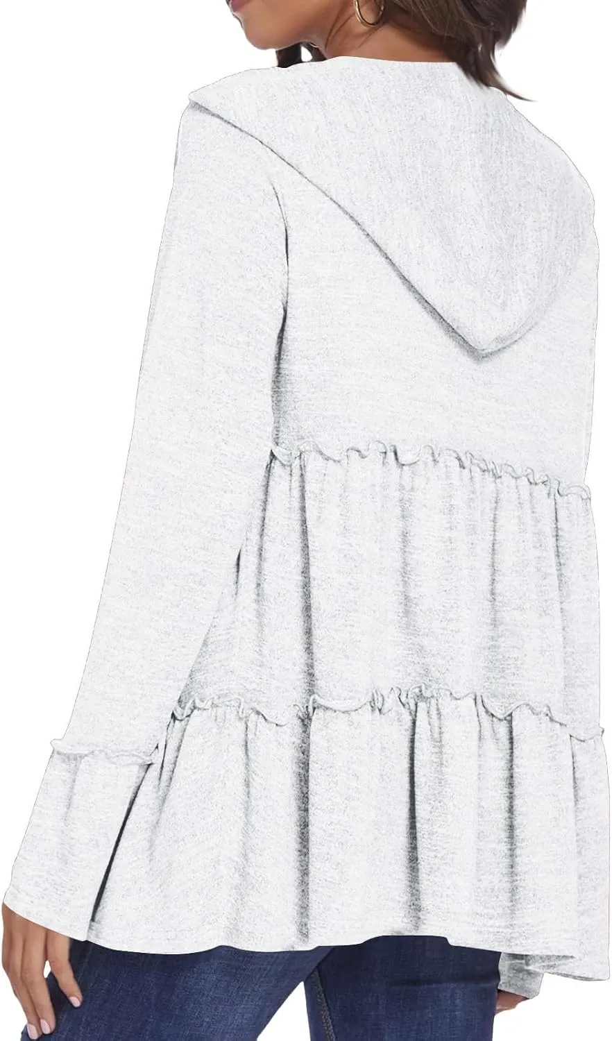 Full Zip Up Hoodie for Women Pleated Flowy Tiered Ruffle Hooded Shirt Lightweight Jacket Long Sleeve Babydoll Top Blouse