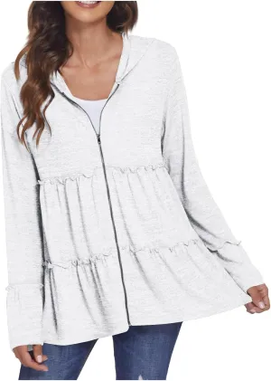 Full Zip Up Hoodie for Women Pleated Flowy Tiered Ruffle Hooded Shirt Lightweight Jacket Long Sleeve Babydoll Top Blouse