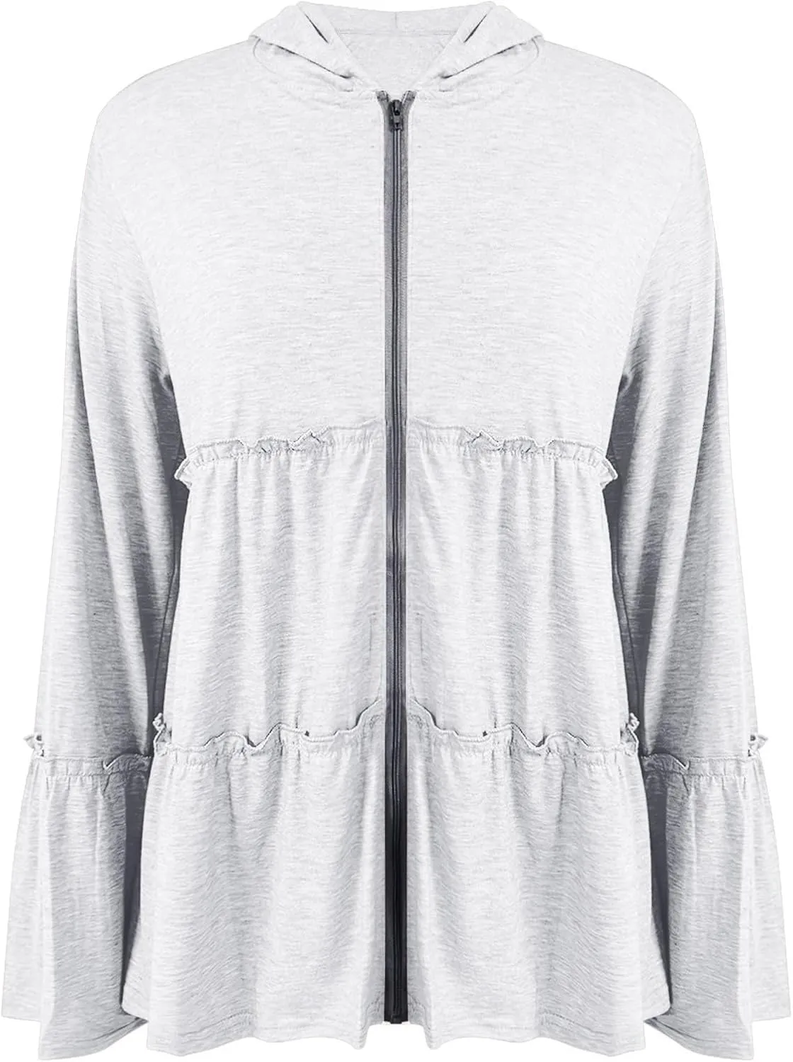 Full Zip Up Hoodie for Women Pleated Flowy Tiered Ruffle Hooded Shirt Lightweight Jacket Long Sleeve Babydoll Top Blouse