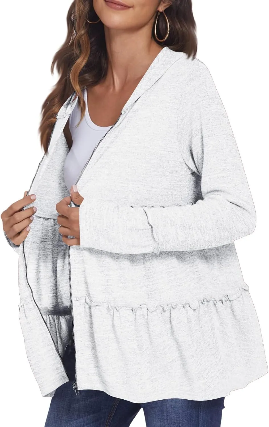 Full Zip Up Hoodie for Women Pleated Flowy Tiered Ruffle Hooded Shirt Lightweight Jacket Long Sleeve Babydoll Top Blouse