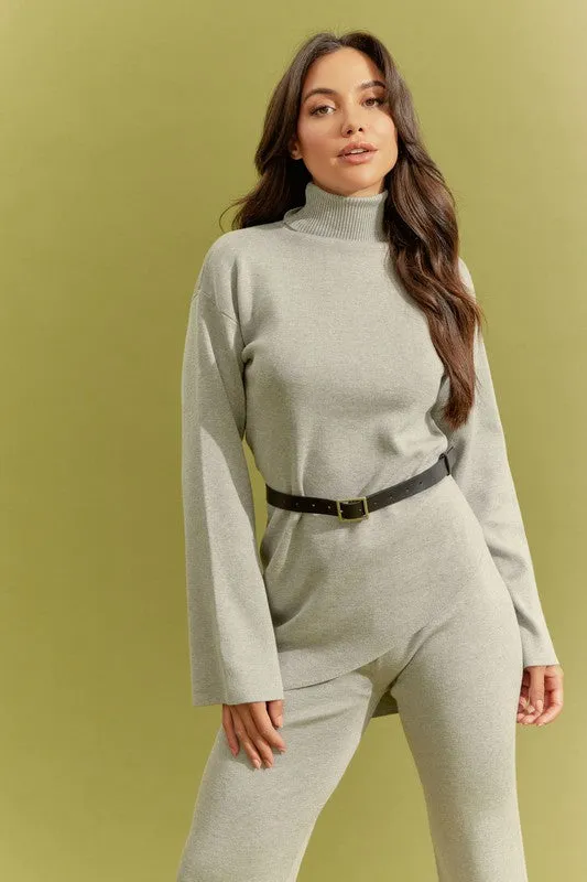 Grey Knit Asymmetrical Top And Pants Set