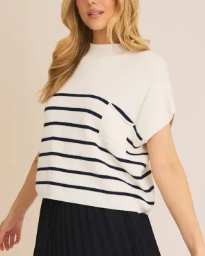 High Neck Stripe Sweater Top - White/Navy Stripe