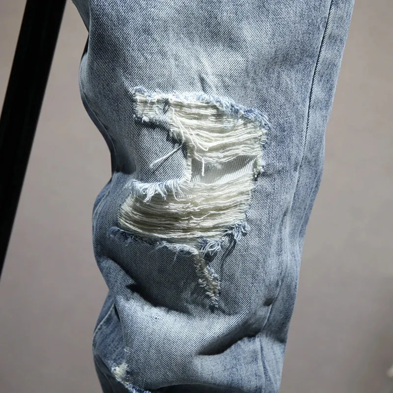 Hip Hop Jeans For Men Light Blue Ankle Length Pants Hollow Out Frayed Distressed Summer Jeans Men's Cropped Pants