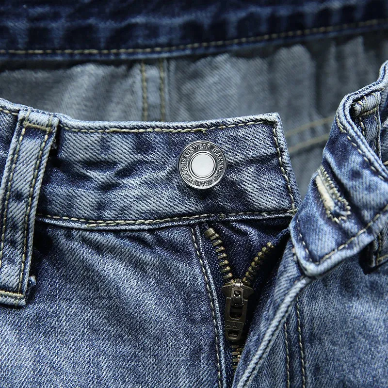 Hip Hop Jeans For Men Light Blue Ankle Length Pants Hollow Out Frayed Distressed Summer Jeans Men's Cropped Pants