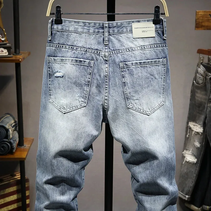 Hip Hop Jeans For Men Light Blue Ankle Length Pants Hollow Out Frayed Distressed Summer Jeans Men's Cropped Pants