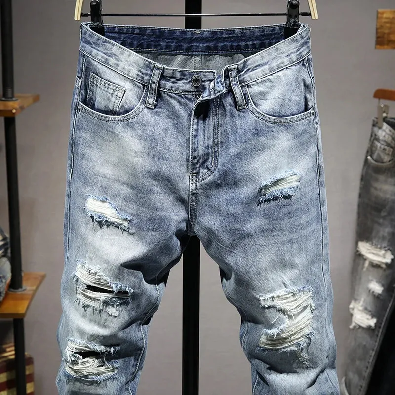 Hip Hop Jeans For Men Light Blue Ankle Length Pants Hollow Out Frayed Distressed Summer Jeans Men's Cropped Pants