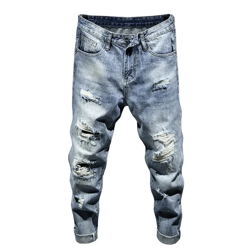 Hip Hop Jeans For Men Light Blue Ankle Length Pants Hollow Out Frayed Distressed Summer Jeans Men's Cropped Pants