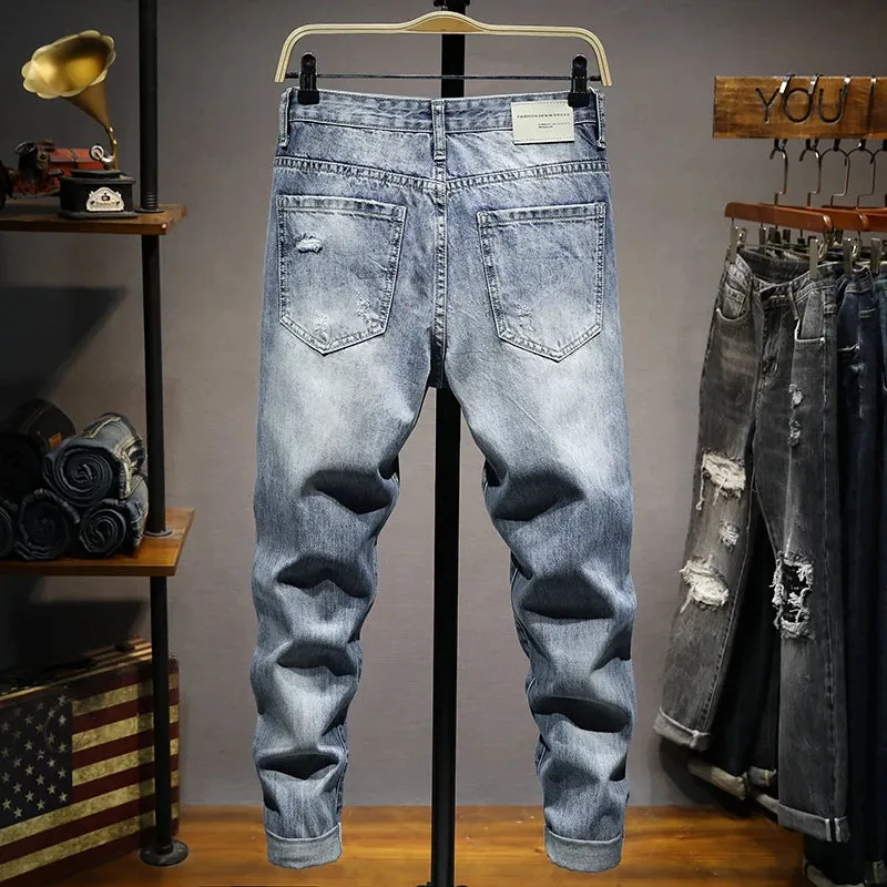 Hip Hop Jeans For Men Light Blue Ankle Length Pants Hollow Out Frayed Distressed Summer Jeans Men's Cropped Pants