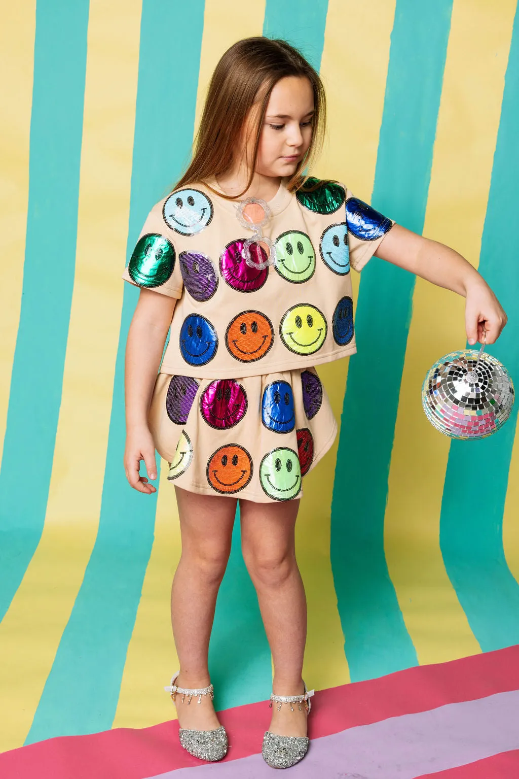 Kids Tan & Rainbow Scattered Smiley Face Skort