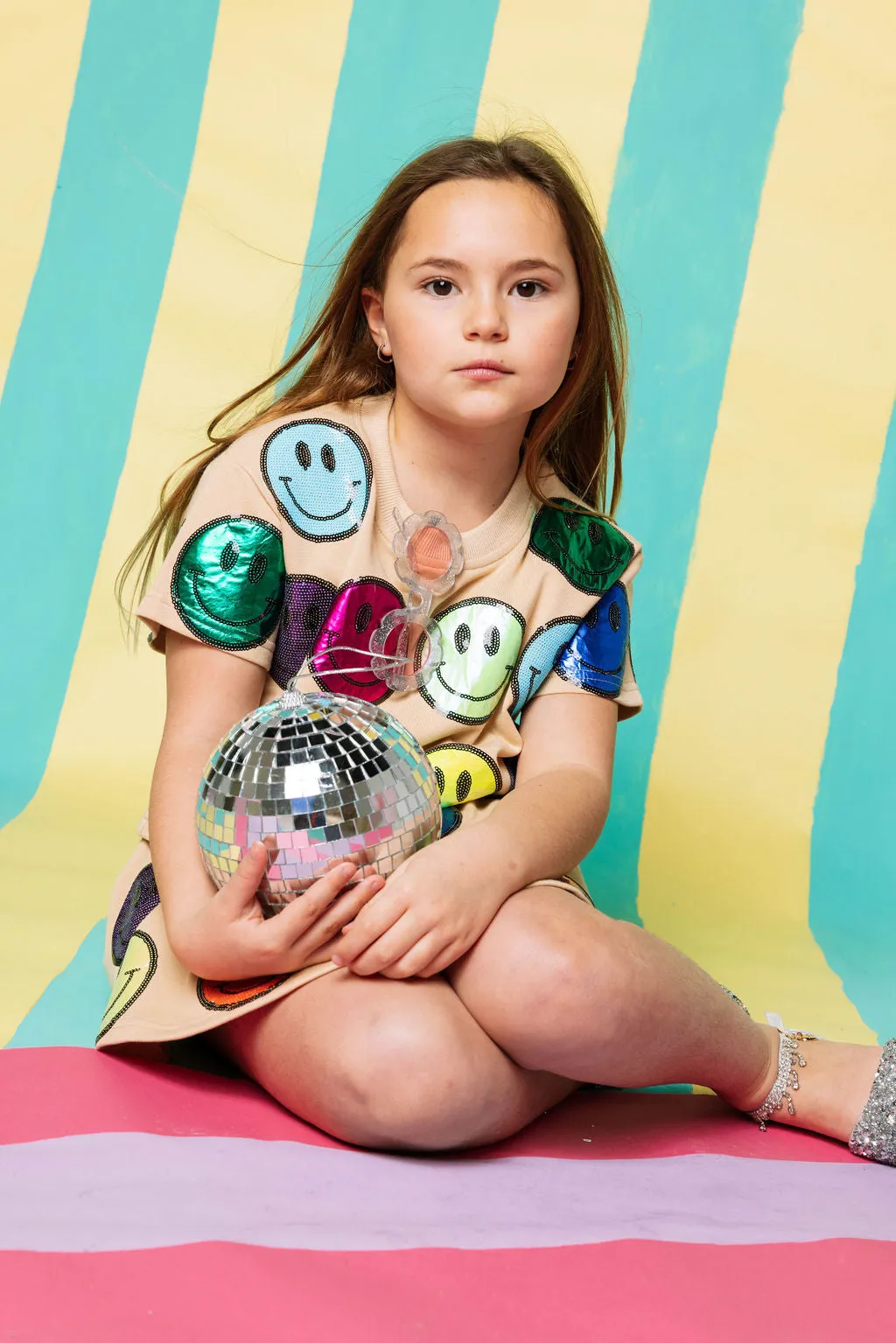 Kids Tan & Rainbow Scattered Smiley Face Skort