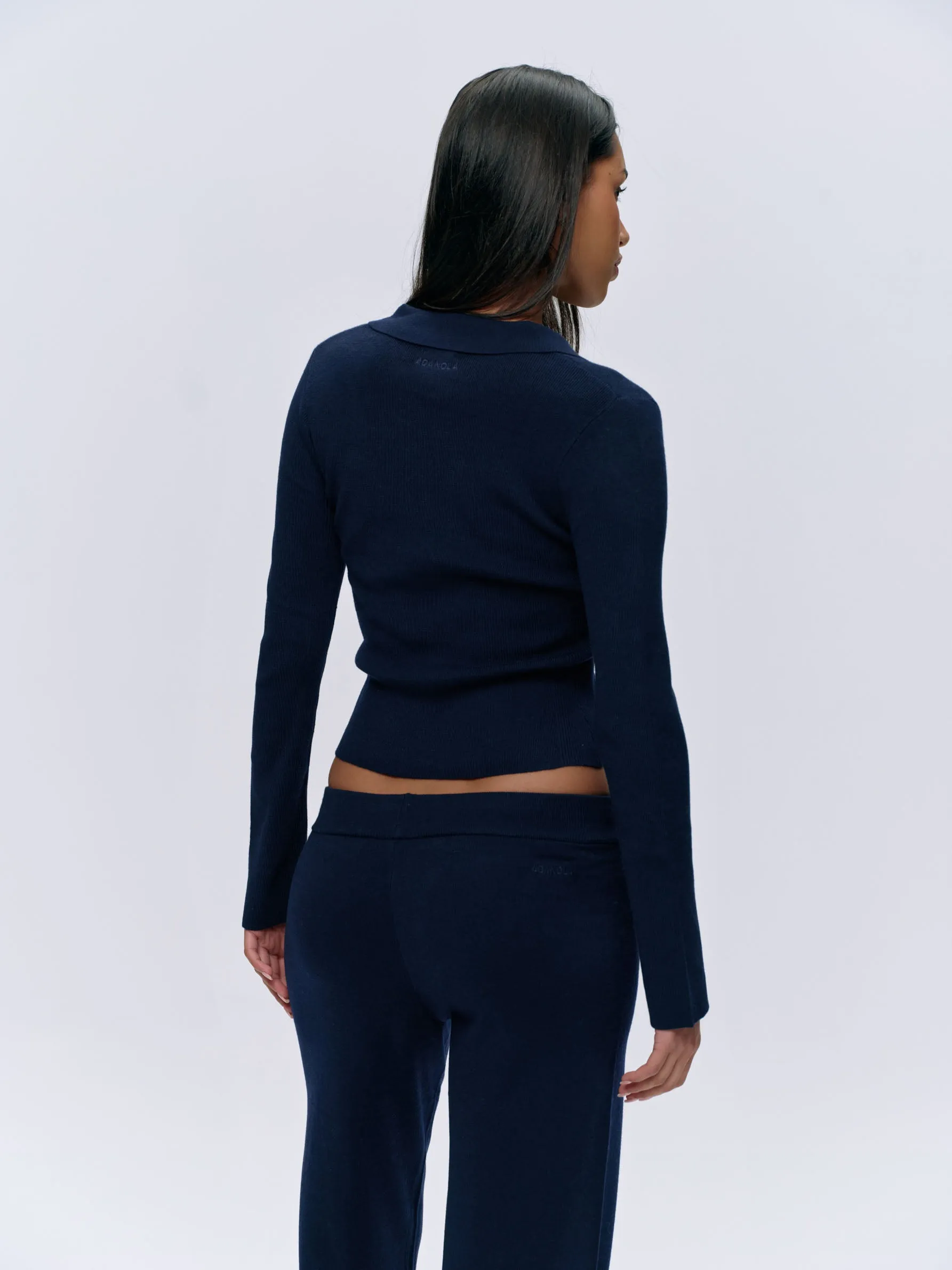 Knit Long Sleeve Button Up Top - Navy Blue