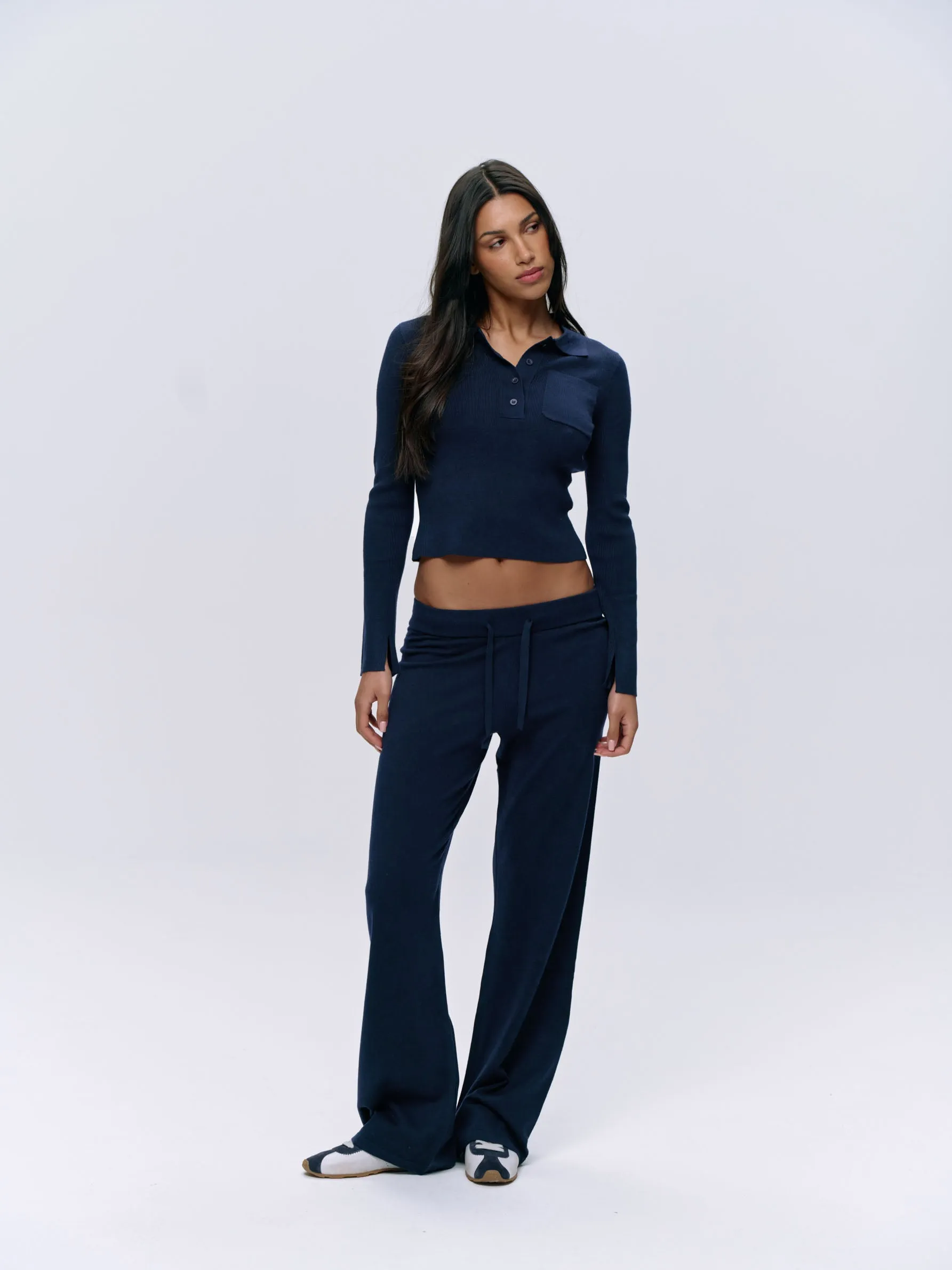 Knit Long Sleeve Button Up Top - Navy Blue