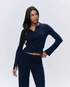 Knit Long Sleeve Button Up Top - Navy Blue