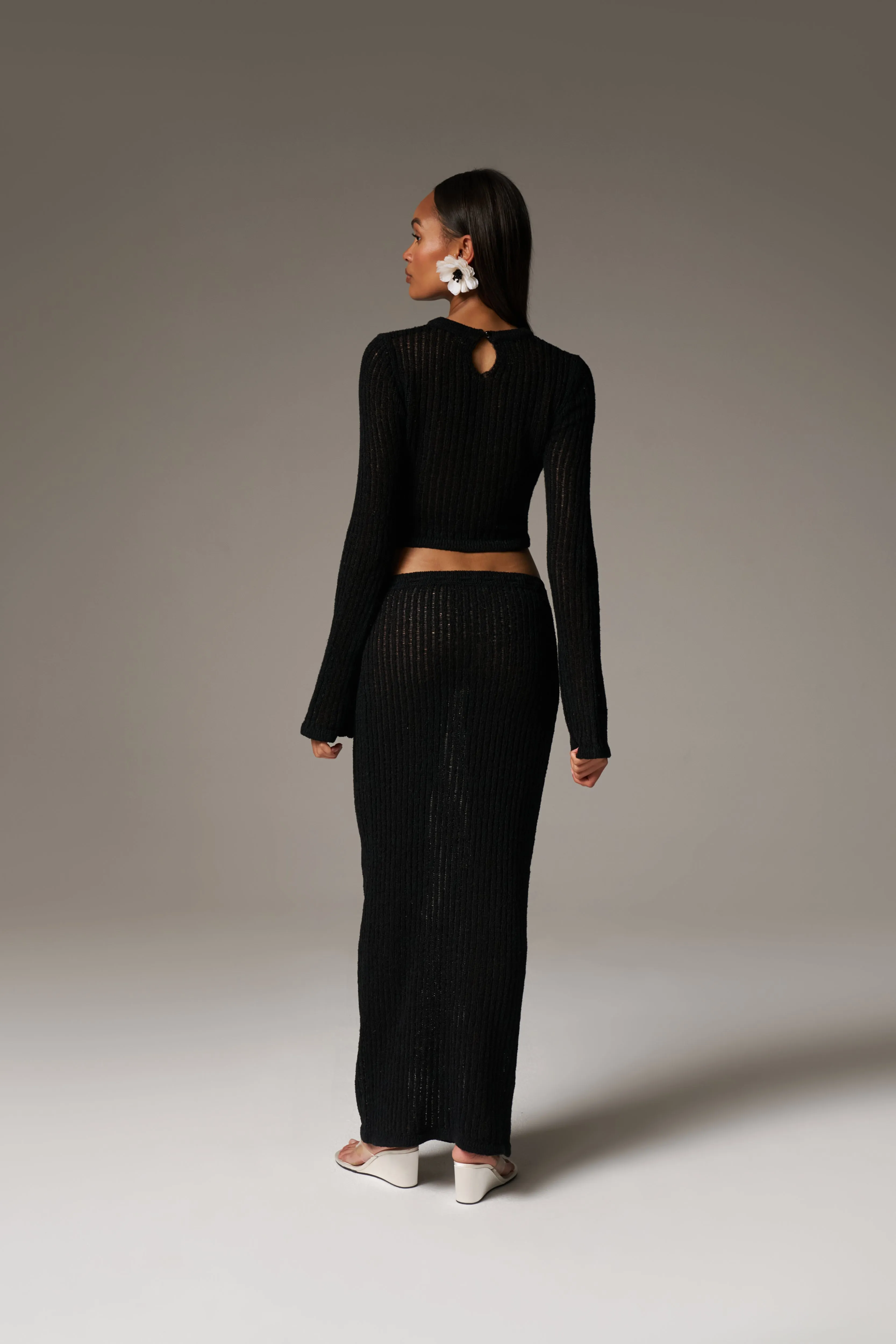 LADDER KNIT LONG SLEEVE TOP - BLACK