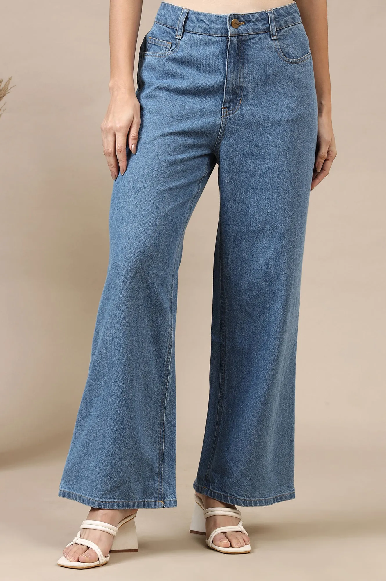 Light Blue Cotton Denim Flared Pants