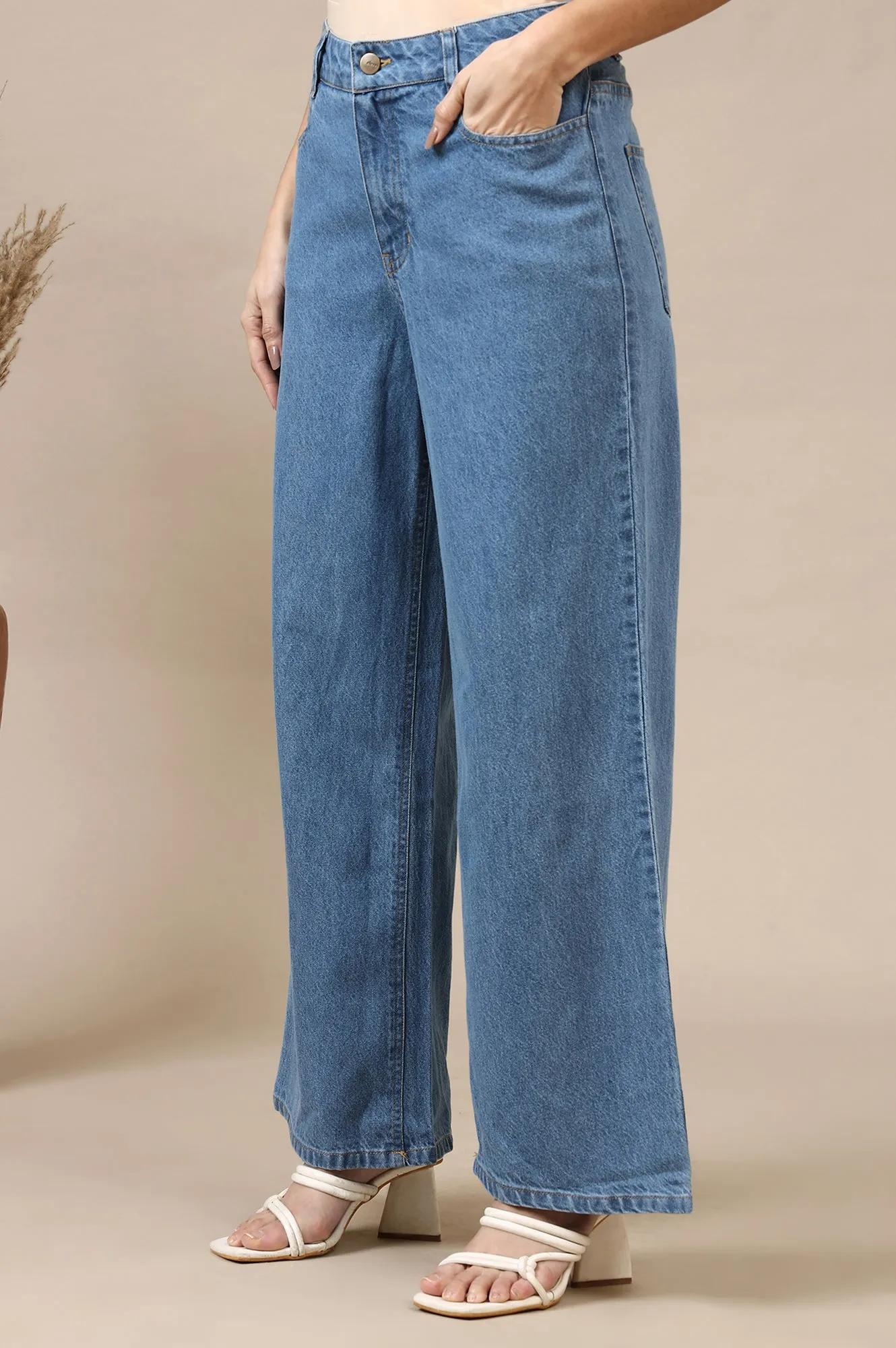 Light Blue Cotton Denim Flared Pants