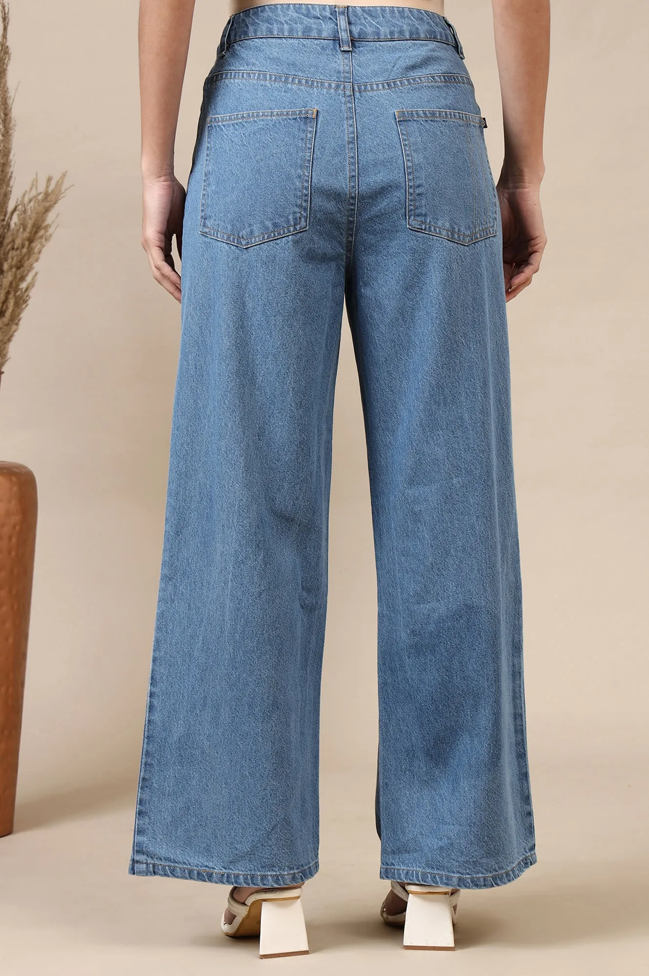 Light Blue Cotton Denim Flared Pants