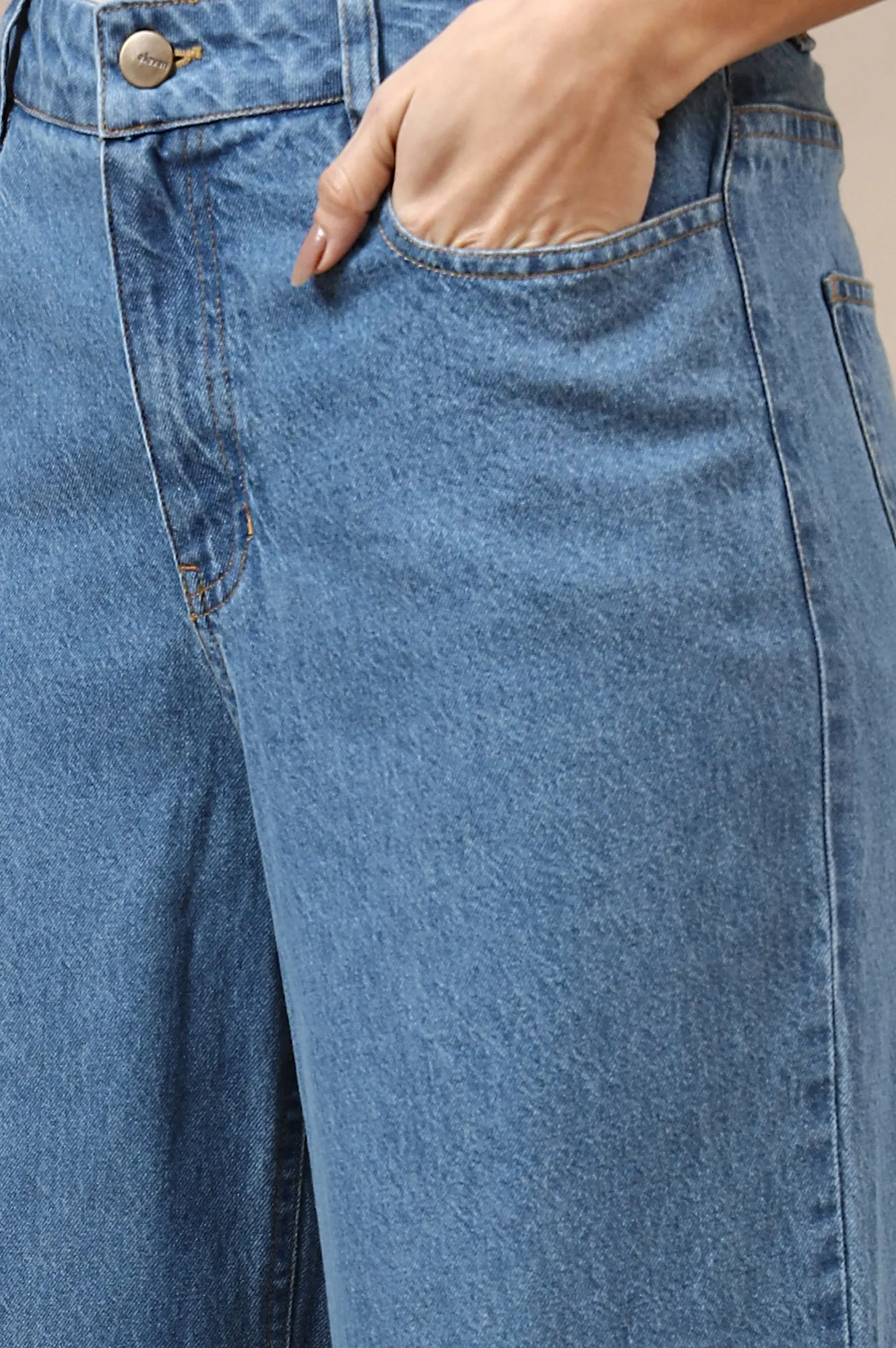 Light Blue Cotton Denim Flared Pants
