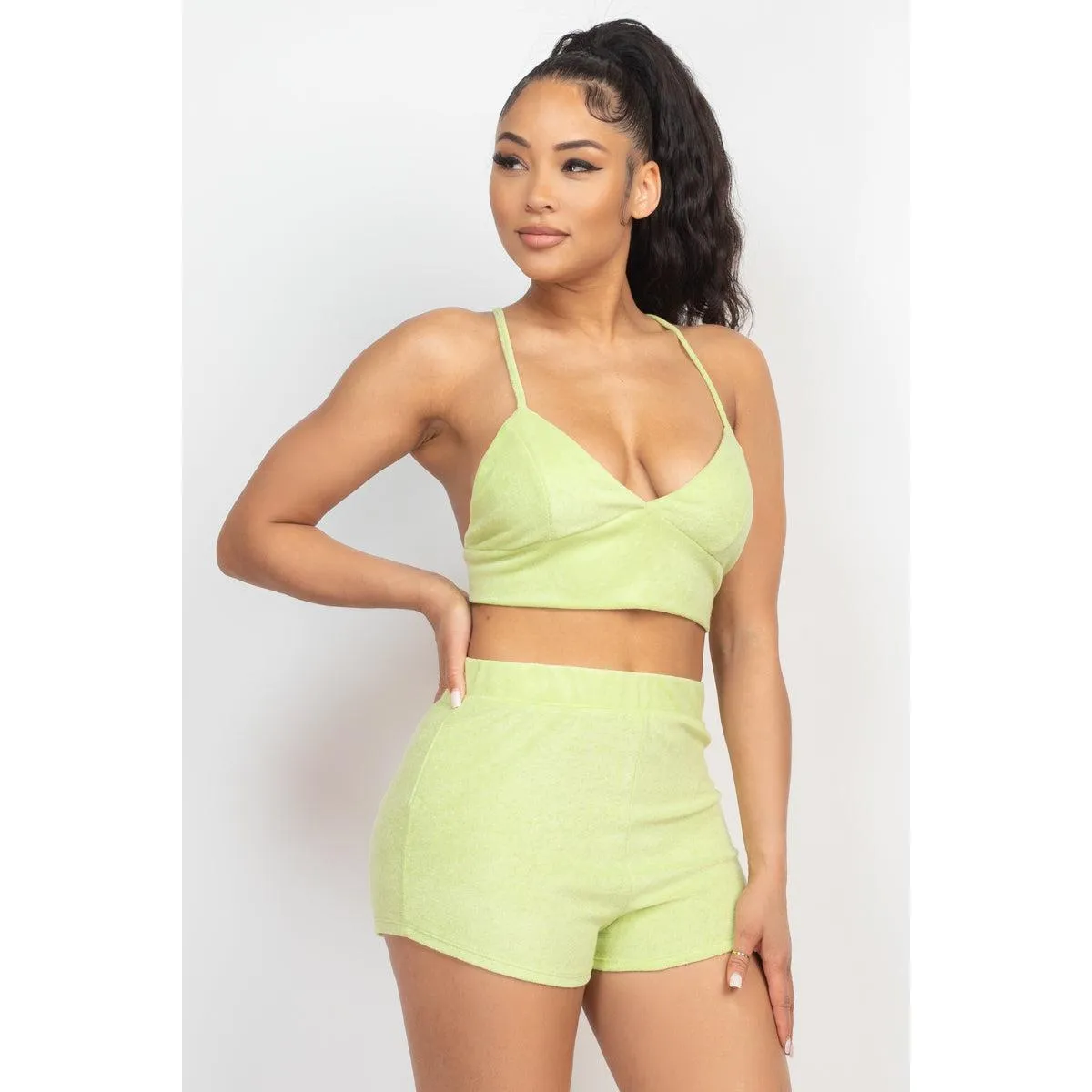 Lime Terry Towel Bralette Top & Mini Shorts Set