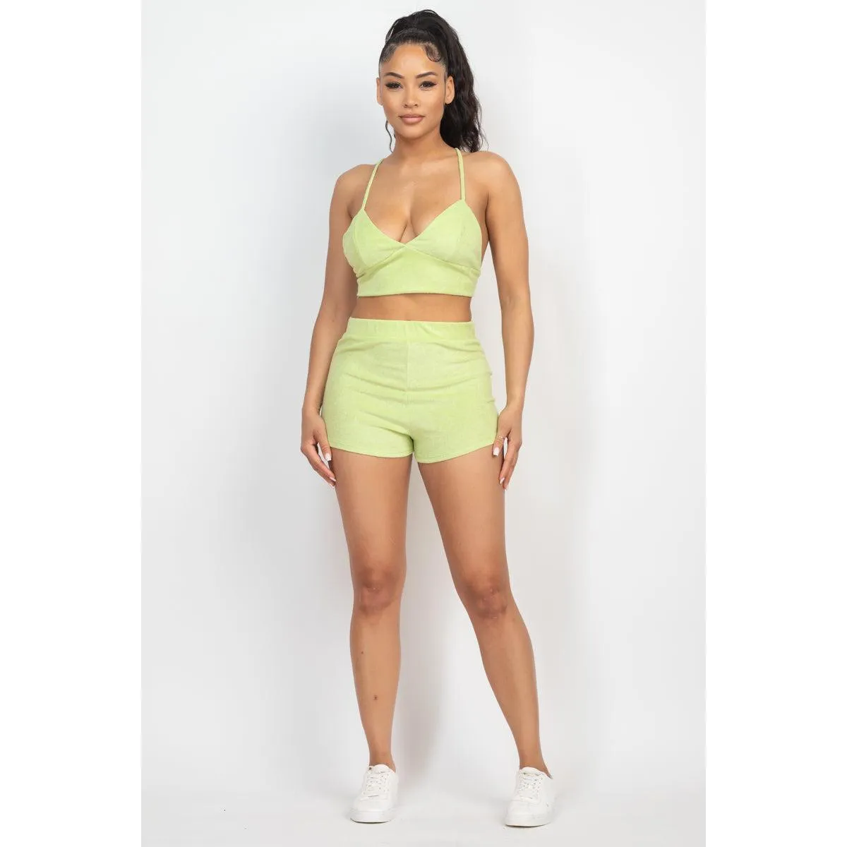 Lime Terry Towel Bralette Top & Mini Shorts Set