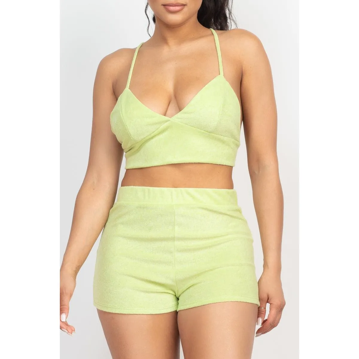Lime Terry Towel Bralette Top & Mini Shorts Set