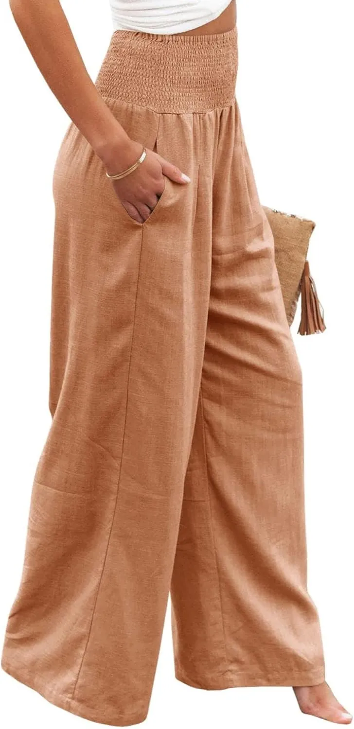 Linen Palazzo Pants for Women High-Waisted Wide Leg Pant Beach Lounge Trousers Summer Casual Flowy Pants with Pockets
