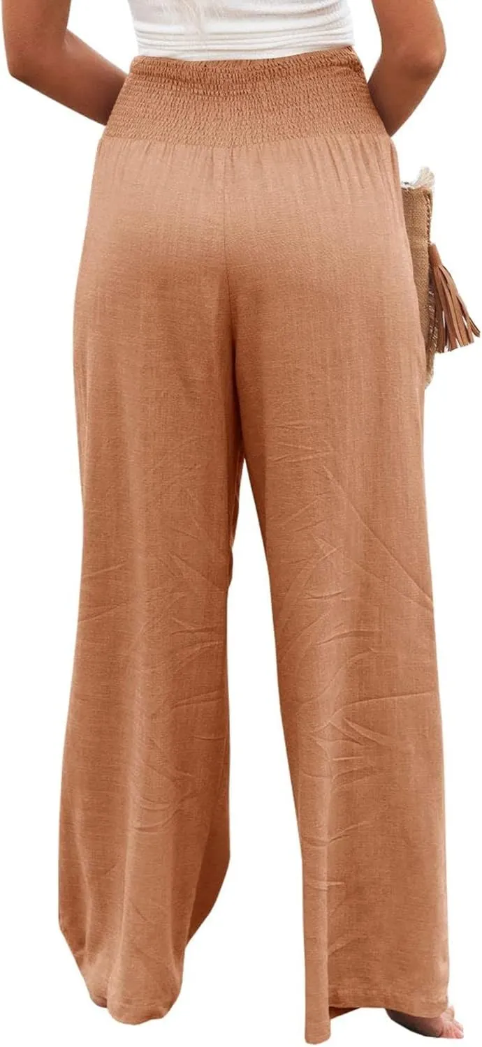 Linen Palazzo Pants for Women High-Waisted Wide Leg Pant Beach Lounge Trousers Summer Casual Flowy Pants with Pockets