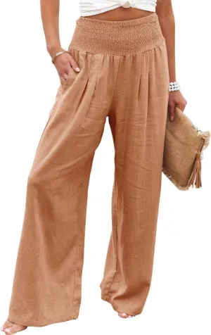 Linen Palazzo Pants for Women High-Waisted Wide Leg Pant Beach Lounge Trousers Summer Casual Flowy Pants with Pockets