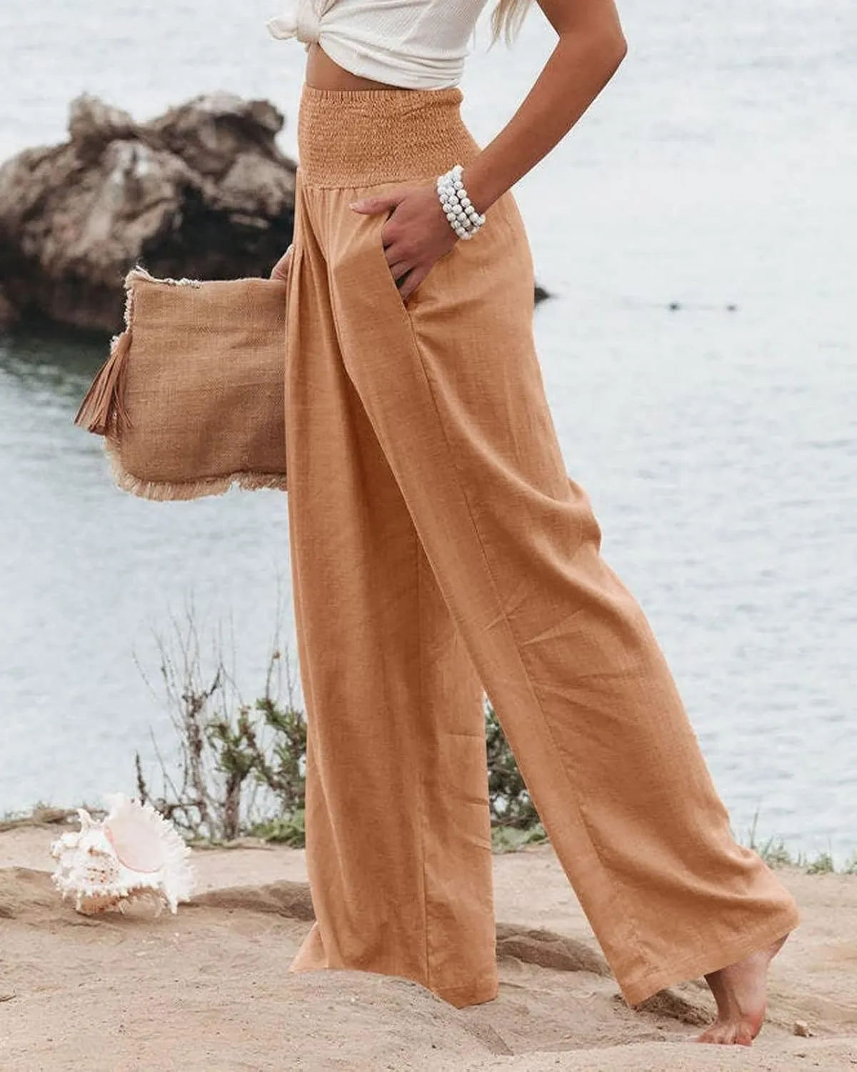 Linen Palazzo Pants for Women High-Waisted Wide Leg Pant Beach Lounge Trousers Summer Casual Flowy Pants with Pockets