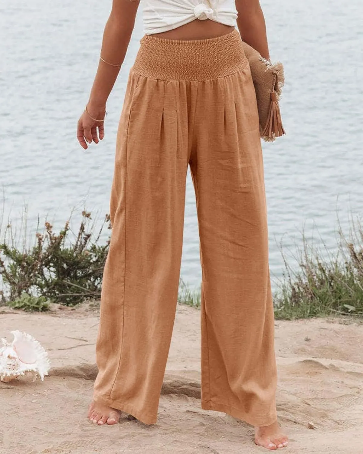 Linen Palazzo Pants for Women High-Waisted Wide Leg Pant Beach Lounge Trousers Summer Casual Flowy Pants with Pockets