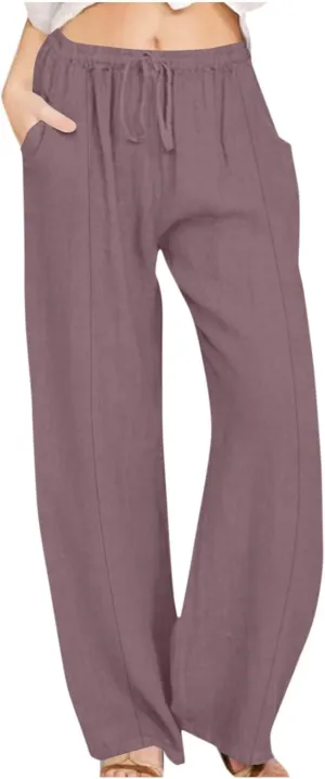 Linen Pants for Women Plus Size Dressy High Waist Wide Leg Pants Summer Comfy Lounge Palazzo Trousers with Pockets 2025