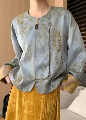 Loose Blue Button Print Silk Coats Long Sleeve AF1087