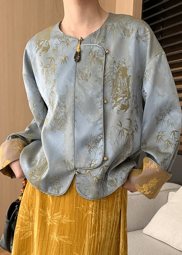 Loose Blue Button Print Silk Coats Long Sleeve AF1087