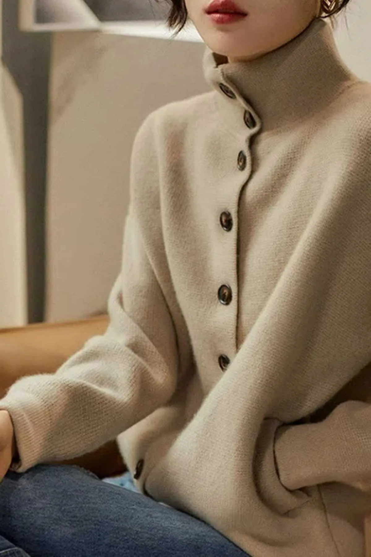 Loose Light Camel Turtleneck Button Thick Knit Sweaters Long Sleeve