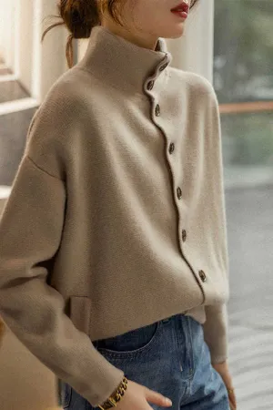 Loose Light Camel Turtleneck Button Thick Knit Sweaters Long Sleeve