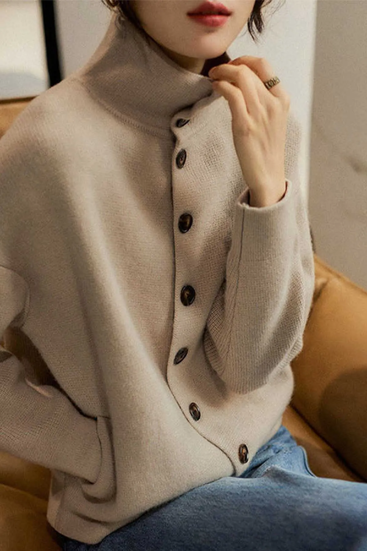 Loose Light Camel Turtleneck Button Thick Knit Sweaters Long Sleeve