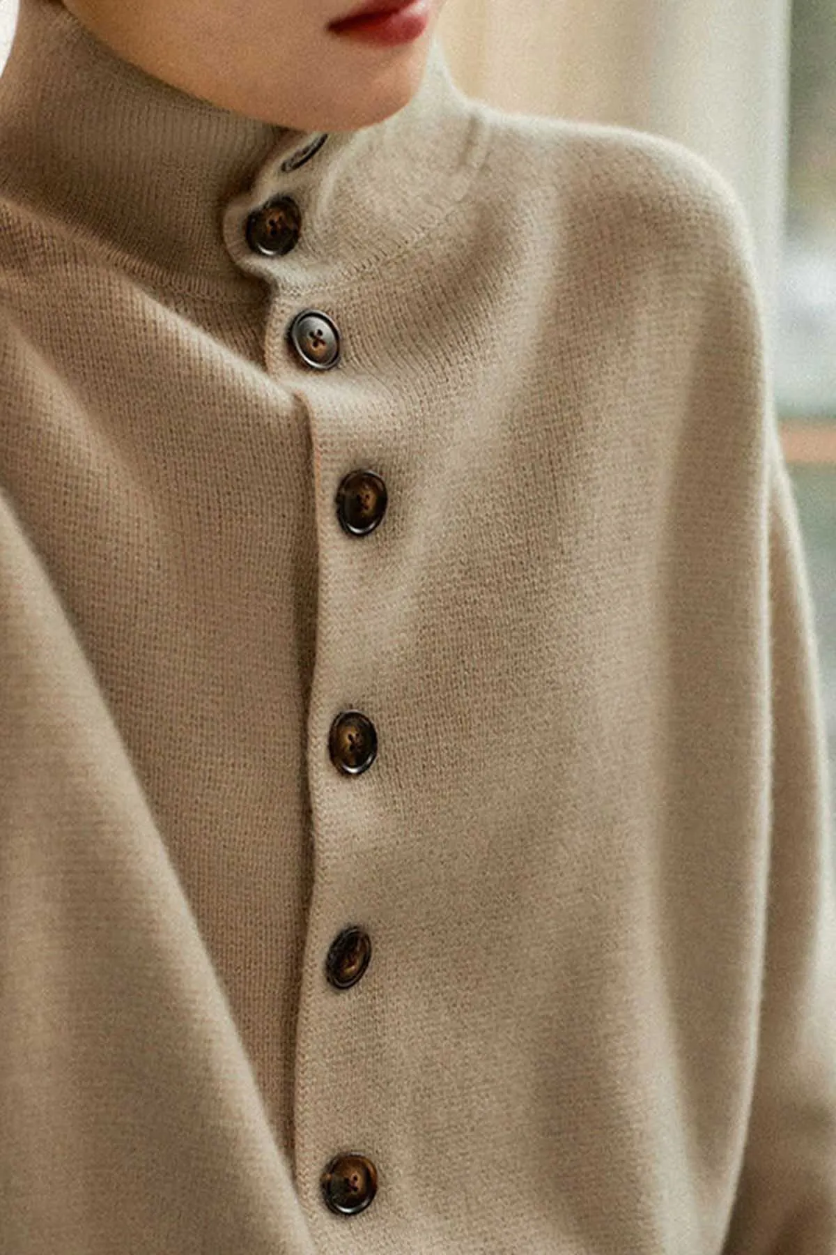 Loose Light Camel Turtleneck Button Thick Knit Sweaters Long Sleeve